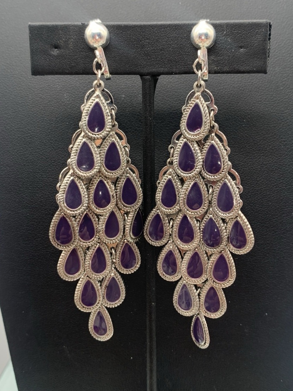 Navy blue and silver tone Teardrop Chandelier clip on Earrings - Unbranded